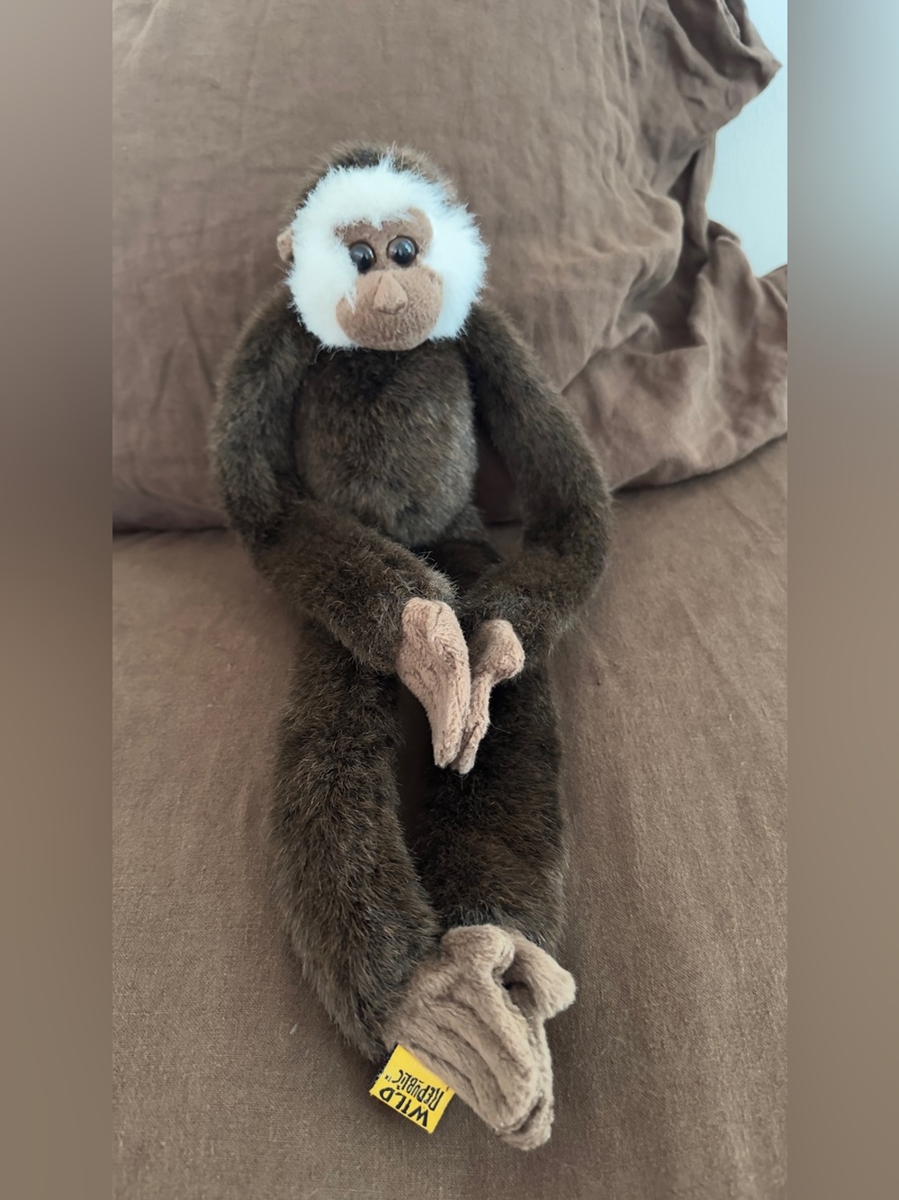 vintage Wild Republic Hanging Monkey Plush dark brown tan white Stuffed Animal